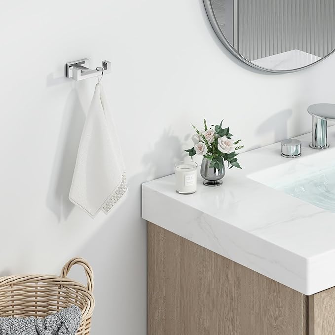 Angle Simple Bathroom Towel Hook, SUS 304 Stainless Steel Hand Towel Double Hook for Wall, Robe Coat Holder, Polished Chrome