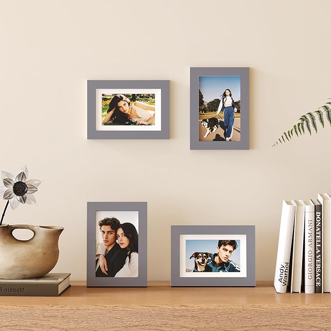 Egofine 4x6 Picture Frames Set of 4 Covered by Plexiglass - Made of Solid Wood for Table Top Display and Wall Mounting photo frame Dark Grey