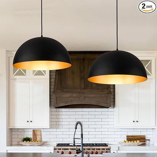 Industrial Pendant Lighting for Kitchen Island, 16 Inch Black and Gold Metal Dome Pendant Light Fixtures, Hemispherical Hanging Ceiling Light E26 Base for Reading Dining Room Foyer Cafe, 2 Pack