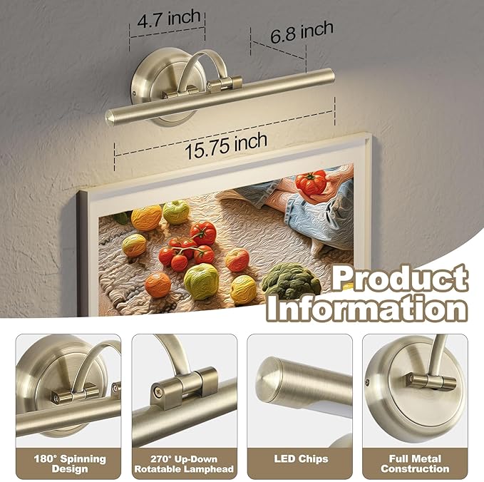 Antique Bronze Picture Light for Wall,Dimmable Painting Light,16 Inch Hardwired Picture Frame Lights,9W 3000K Warm White,Art Lighting Display Lamps,Rotatable Full Metal Gallery Light