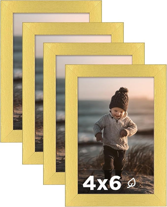 KINLINK 4x6 Picture Frame Gold Set of 4, Wooden Photo Frames with Plexiglass for 4x6 without Mat for Table and Wall Display