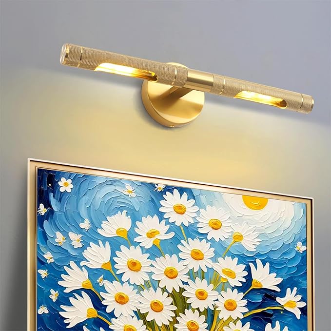 Brushed Brass Picture Lights for Wall,19 Inch Hardwired Knurled Gallery Light, Rotatable 360° Modern Gold Wall Lights for Pictures Bathroom Living Room Bedroom, E12 Bulbs Included(1 Pack)