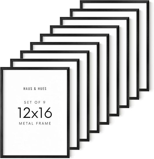 HAUS AND HUES 12x16 Black Metal Picture Frames - Features Premium Aluminum & Hanging Hardware, Shatterproof Plexiglass - Ideal for Home, Room, Office (12x16 in, Black, Set of 9)