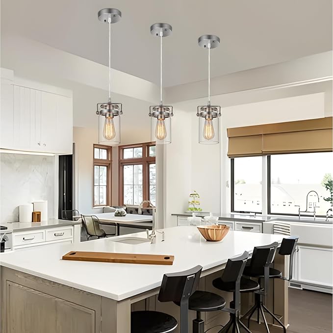 Industrial Pendant Lighting for Kithen Island, Brushed Nickel Pendant Light Fixture with Clear Glass Shade Modern Mini Ceiling Light Fixture Adjustable Kitchen Island Lighting(E26 Base)