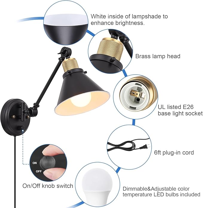 TRLIFE Dimmable Wall Sconce with Remote Control, Plug in Wall Sconces Dimming 10%-100% and Adjustable Color Temperature 2700K-6000K, Swing Arm Wall Lights with Plug in Cord, UL Listed(2 Pack, 2 Bulbs)