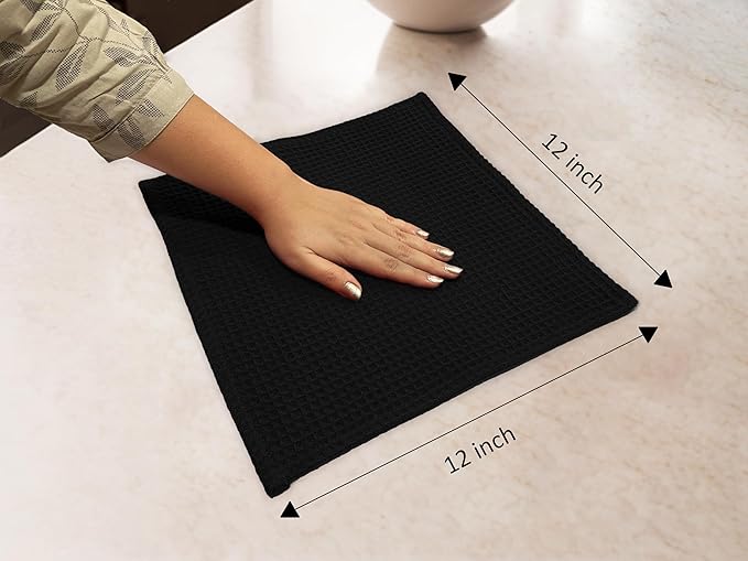 Encasa XO' Waffle Weave Face & Hand Towels – 12"x12", Black Washcloths Set of 12 – Quick Drying for Bathroom, Gym, Kitchen & Travel – Small Reusable Dish Cloths & Face Wipes for Everyday Use