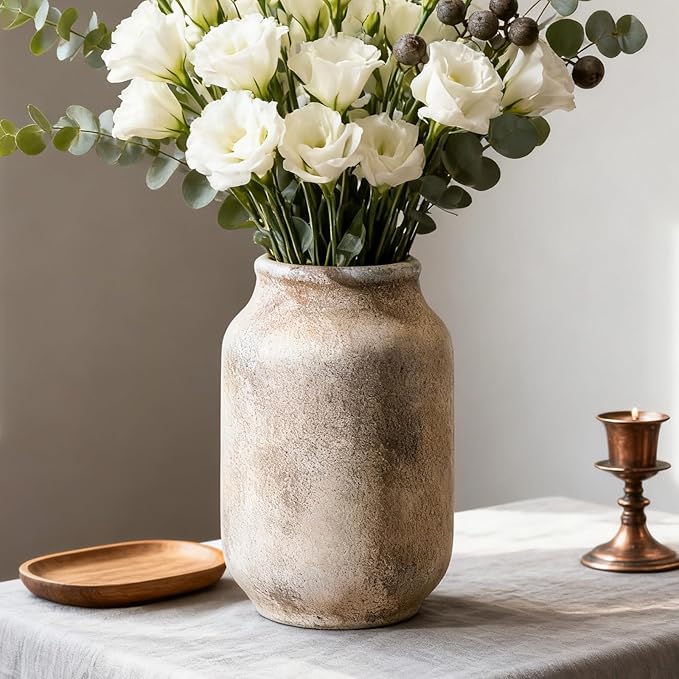 Rustic Ceramic Farmhouse Flower Large Vase, Whitewashed Terra Cotta Vase, Pottery Decorative Flower for Home Decor, Table, Living Room Decoration, Shelf Decor, Mantel, 9.5 Inch, Terra