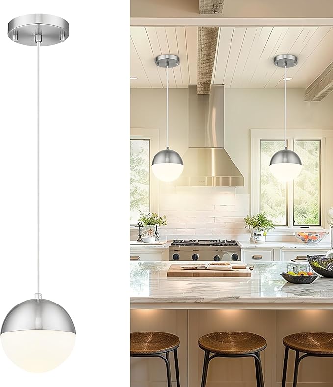 LMS 6-inch Brushed Nickel Pendant Light, Mid Century Kitchen Island Pendant Light Fixtures with White Globe Glass, Adjustable Hanging Light for Dining Room Bedroom Bathroom, LMS-186BNS