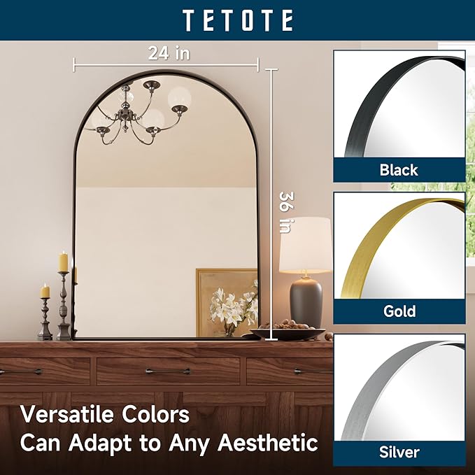 TETOTE Black Arched Mirror for Bathroom, 24 x 36 Matte Black Metal Framed Arch Bathroom Mirror, Tempered Glass Decorative Rustic Wall Mirror for Fireplace, Entryway, Living Room