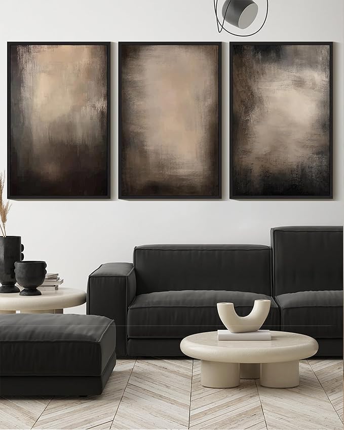 KUVIOKE Abstract Framed Wall Art Set Earthy in Deep Brown and Beige Tones Modern Art Decorative Home Decor 16x24in (Black Framed)