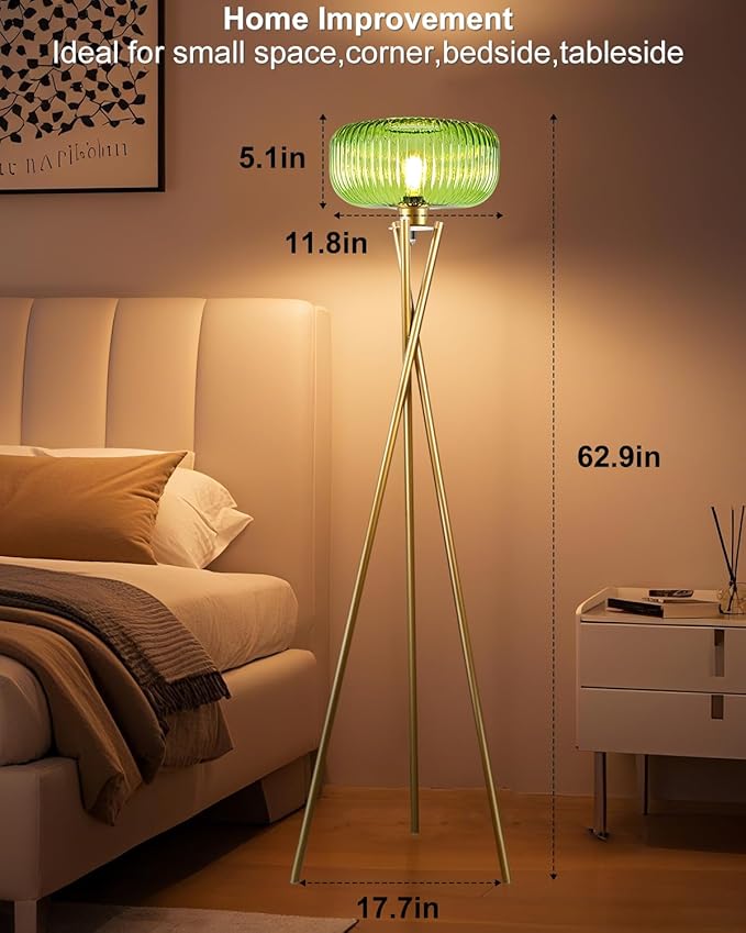Lightdot Glass Tripod Floor Lamp for Living Room, Modern Gold Standing Lamp with Green Ribbed Glass Lampshade, Arc Tall Lamp for Bedroom Office Reading Room, (LED Bulb Included)