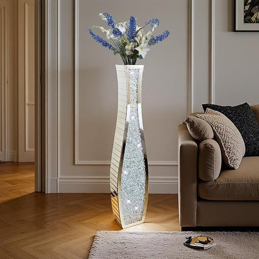 36" Extra Tall Double Sided Crushed Diamond Vases, Mirrored Sliver Vase,Floor Vases Decorative Tall, Large Decorative Vase for Home,Office,Hotel Decor(7.72" L x4.33 W x 36" H)