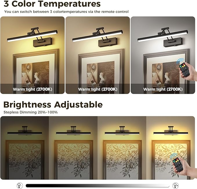Joossnwell Battery Operated Picture Lights Wireless Painting Light with Remote Art Lighting for Wall Black Rechargeable Gallery Wall Light for Frame Display Artwork Portrait 15.43 Inch