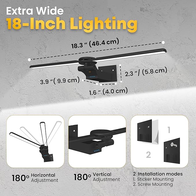 2 Pack Picture Light for Wall, 18in Rechargeable Wall Art Light with Timer and Dimmable, Painting Frame Light with Remote Control Display for Wall Painting, Frame, Portrait, Dartboard (Black)