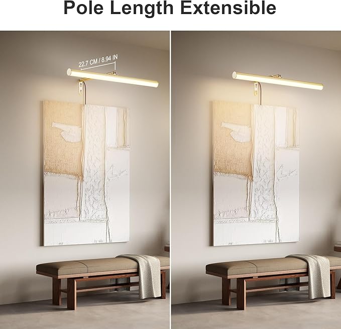 Gold LED Picture Light Plug in, 15.75 Inches Art Light with Remote, 3 Color Lighting, Artwork Light with in-Line On/Off Switch, Metal