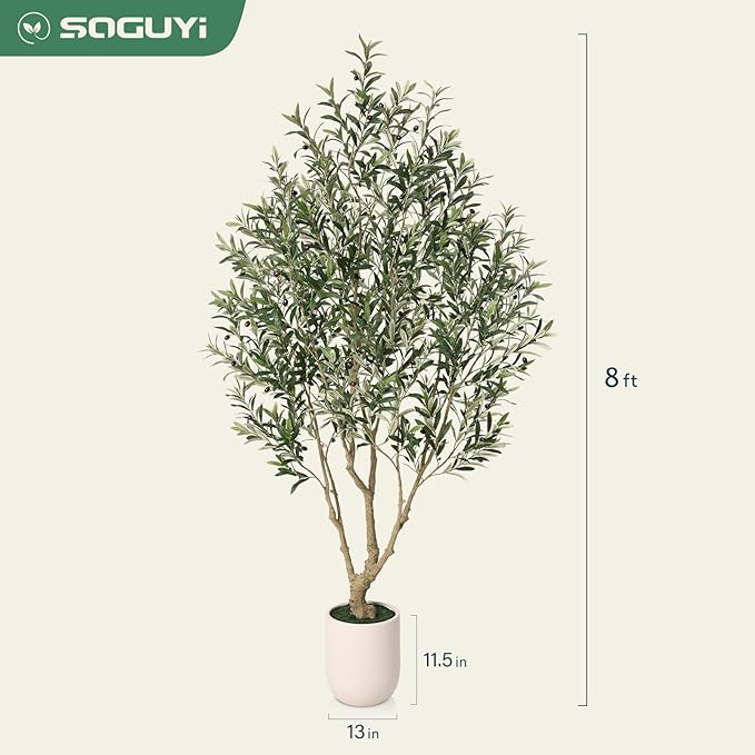 Olive Tree Artificial Indoor, 8FT Tall Faux Olive Tree with 11.5in White Cylinder Round Planter, Artificial Plants with Natural Wood Trunk and Lifelike Leaves for Home Office Decor