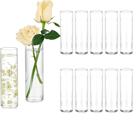 Hewory Cylinder Glass Bud Vases: Set of 12 Small Clear Skinny Single Flower Vase for Centerpieces - Minimalist Bulk Vases for Wedding Birthday Bridal Shower Party Events Table Decor, 5.91"(H)×1.8"(D)