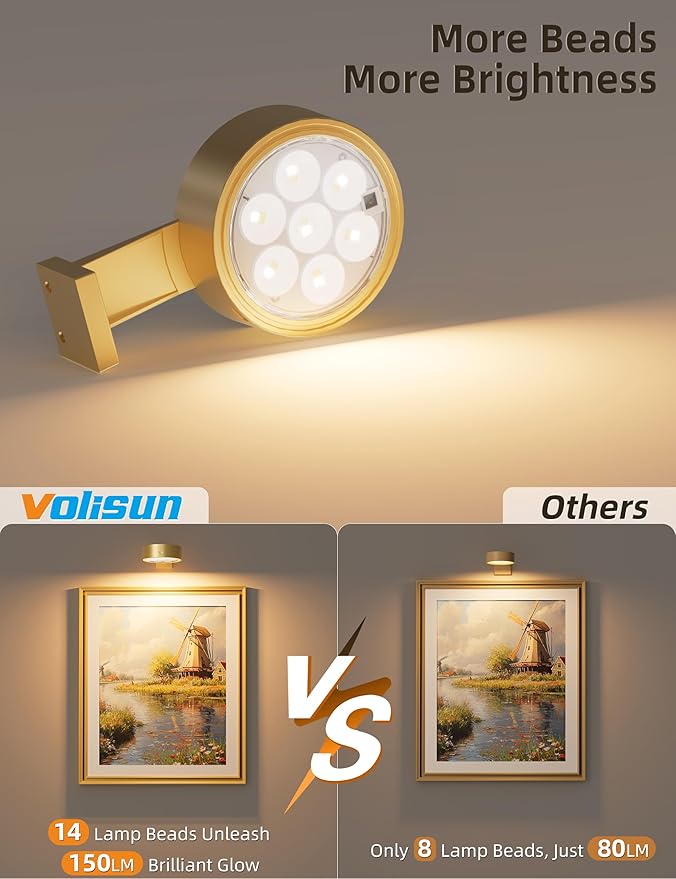 VOLISUN Picture Lights for Wall, 4000mAh Rechargeable Picture Light Battery Operated, 3 Color Temperatures Cordless Picture Light with Remote, Art Light for Painting, Gallery, Portrait, 3 Pack (Gold)
