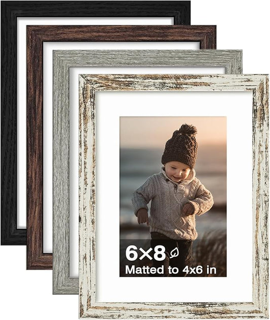 KINLINK 6x8 Picture Frames, Mix Color Photo Frames with Plexiglass for Picture 4x6 with Mat or 6x8 without Mat, Composite Wood Picture Frames for Table Top and Wall Mounting, Set of 4