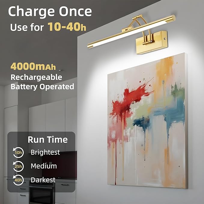 16“ Picture Lights for Wall Battery Operated, Wireless Picture Light with Remote, Rechargeable Wall Light 3000K/4000K/6000K Dimmable, Art Lighting for Paintings Frame Gallery Dartboard Light, Brass