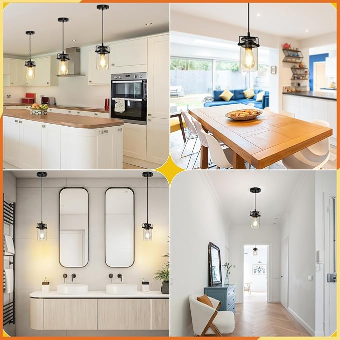 Industrial Pendant Lighting for Kithen Island, Black Pendant Light Fixture with Clear Glass Shade, Modern Mini Ceiling 3 Light Fixture Adjustable Kitchen Island Lighting(E26 Base)