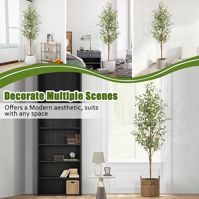 6FT Artificial Olive Tree Indoor, Tall Faux Olive Tree with Pot&Basket, Large Fake Olive Tree with Realistic 1080 Silk Leaves and 60 Fruits for Living Room Home Office Decor