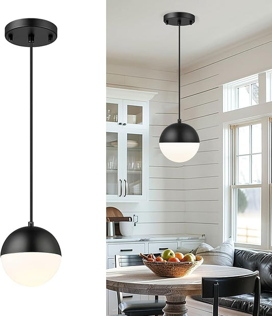 LMS 6-inch Mid Century Pendant Light, Matte Black Pendant Light Fixtures with White Globe Glass, Adjustable Hanging Ceiling Light Fixtures for Dining Room Living Room Bedroom, LMS-186BKS