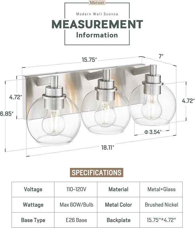 Bathroom Light Fixtures, 3-Light Brushed Nickel Vanity Light, Modern Wall Sconces with Globe Clear Glass Shade, Vanity Lighting Fixtures Over Mirror, VL195-BN-CL-3