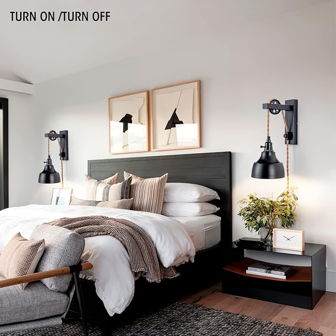 8FT Dimmable Plug in Wall Sconces Pulley Wall Lamps Vintage Hanging Light Fixture Wall Lights with Plug in Dimmable Switch Set of Two Black Wall Lamp for Bedroom, Living Room and Hotel
