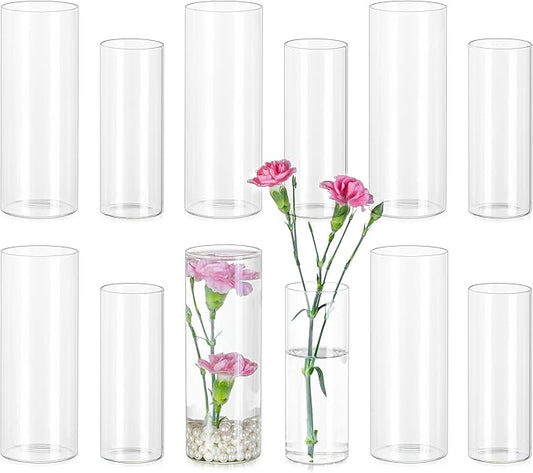 Glasseam Glass Cylinder Vase in Bulk: 12pcs Clear Small Bud Flower Vases for Centerpieces - Modern Hurricane Pillar or Floating Candle Holder for Wedding Party Table Living Room Home Decor, Tall 6"+7"