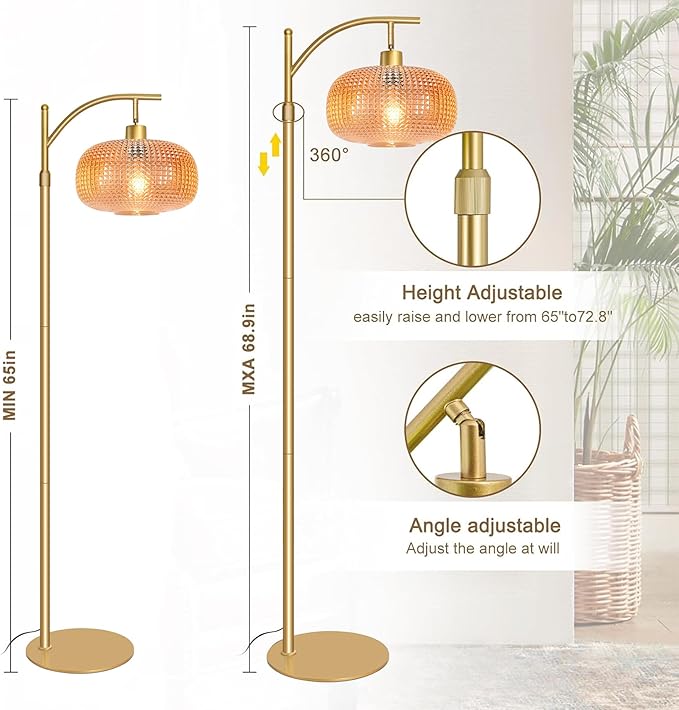 Glass Floor Lamp for Living Room with Amber Glass Lampshade, Dimmable Modern Floor Light with 12W LED Bulb, Remote Control Tall Standing Lamp for Bedroom