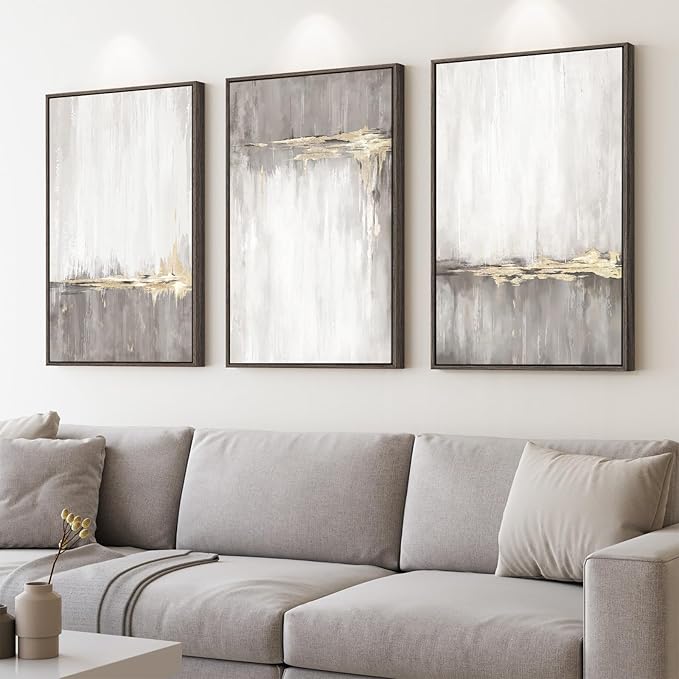 Large Framed Neutral Abstract Wall Art for Living Room, 3 Piece Gray Tan White Gold Canvas Prints, Modern Minimalist Grey Landscape Painting Artworks for Entryway Hallway Office Wall Decor, 24x36 In
