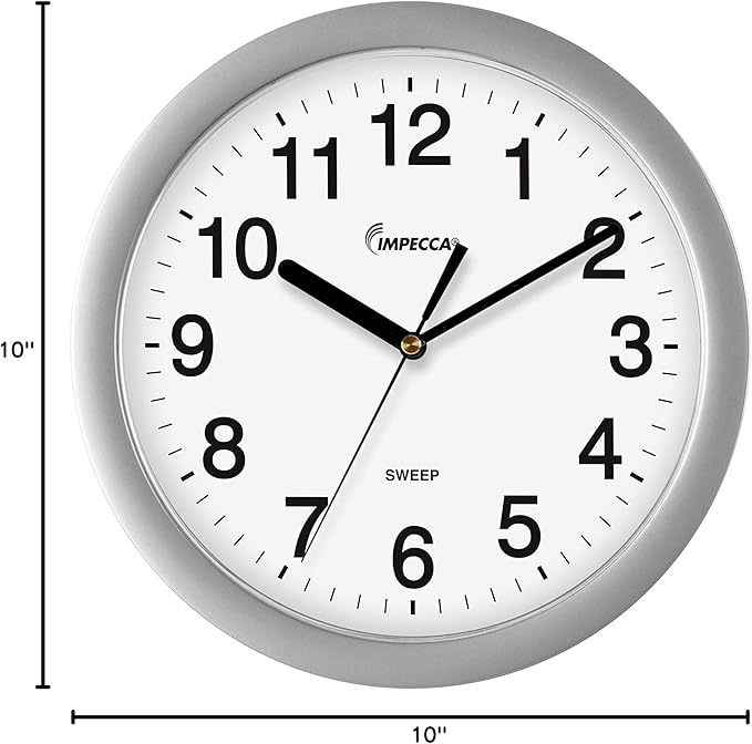 Impecca Silent Wall Clock Non Ticking 10 inch Excellent Accurate Sweep Movement Plastic Frame, Decorative for Kitchen, Living Room, Bedroom, Bathroom, Bedroom, Office, Silver