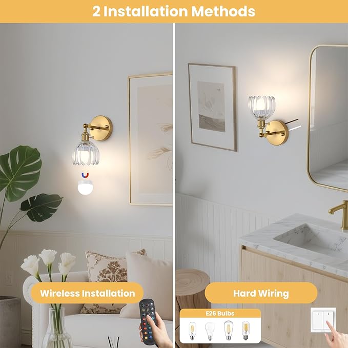 Battery Operated Wall Sconce Set of 2 with Translucent Floral Glass Shade Vintage Wireless Wall Light with Remote Control for, Living Room, Bedroom, Dressing Table Timer/Memory Function/Dimmer