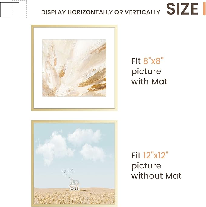 12x12 Metal Picture Frame Golden, 12x12 Durable Thin Aluminum Photo Frames with Removable Mat for 8x8 Photo, Wall Hanging Metal Poster Frame with High Definition Plexiglass, Set of 1