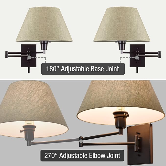 Kira Home Cambridge 15" Swing Arm Wall Lamp - Plug in/Wall Mount + Latte Mocha Fabric Shade, 150W 3-Way + Cord Covers, Black Finish
