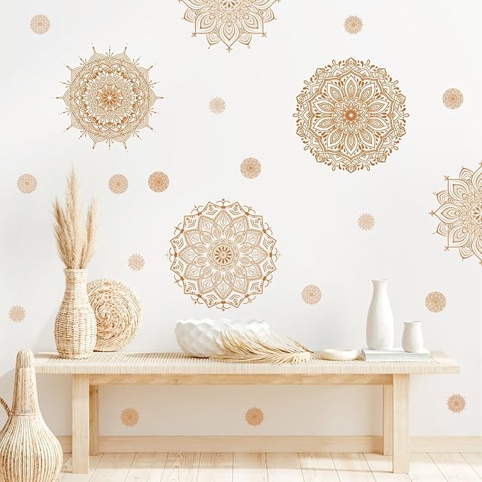 Kazova's Brown Mandala Wall Decals Lotus Flower Yoga & Heart Chakra Stickers Boho Lotus Decor & Headboard Sticker Removable Wall Art Sticker for Bedroom Living Room Decor