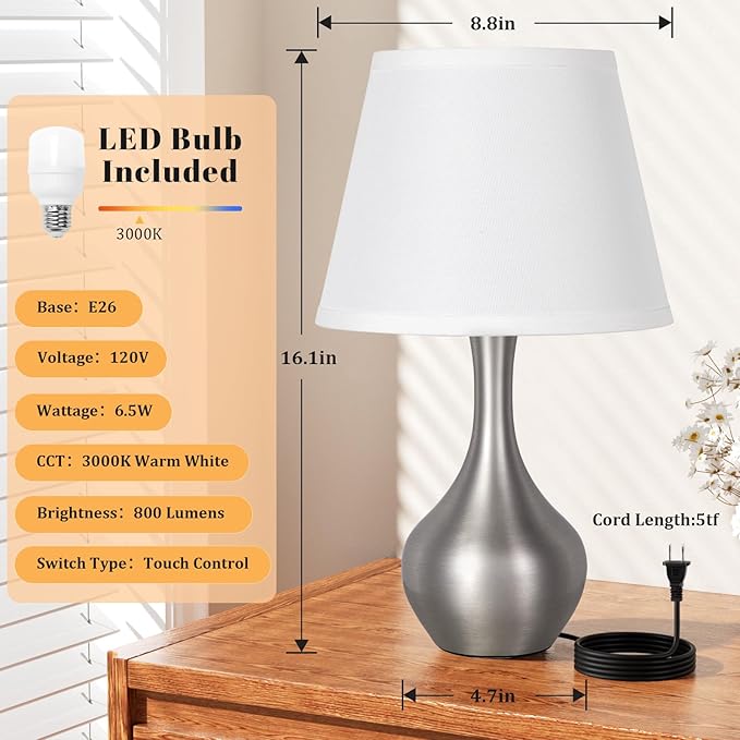 Seealle Touch Table Lamp for Bedroom, 3-Way Dimmable Small Bedside Lamps for Night Stands with Wires, Silver Desk Lamp for Kids Room, Office, Living Room, End Table(LED Bulb Included)