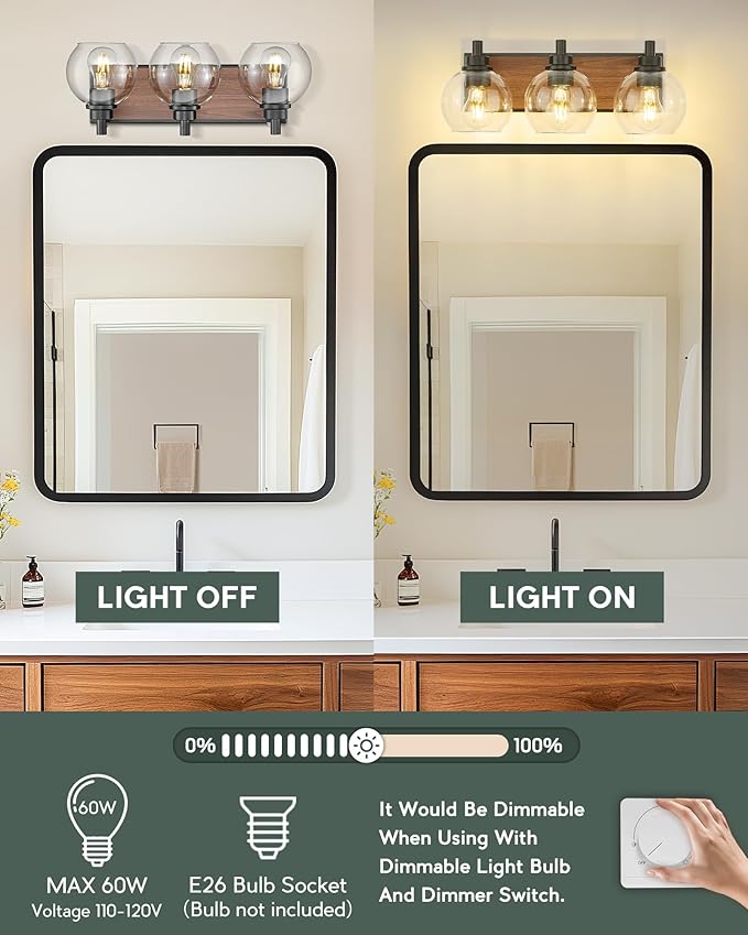 Bathroom Light Fixtures, 3-Light Black and Faux-Wood Finish Bathroom Vanity Light, Farmhouse Wall Sconces with Globe Clear Glass Shade, Vanity Lighting Fixtures Over Mirror, VL195-WB-3