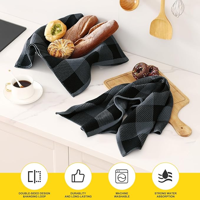 Homaxy 100% Cotton Waffle Weave Check Plaid Kitchen Towels, 20 x 28 Inches, Super Soft and Absorbent Dish Towels for Drying Dishes, 4-Pack, Black & Grey