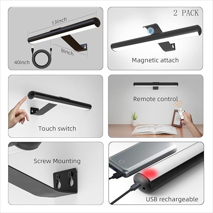 Picture Lights for Wall Art Rechargeable 5000mAh,Remote,Painting Light for Gallery, 3 Lighing Color Dimmable ,Full Metal Magnetic ,Wall Light for Artwork Frame Poster Canvas Dartboard Mirror Set of 2