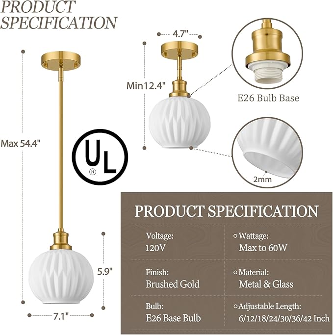 Brushed Gold Pendant Lights Kitchen Island 2 Pack, 7.3" Milk Glass Modern Pendant Light Fixtures with Rods, Globe Hanging Lighting for Kitchen Sink Bathroom Dining Room, E26 Base