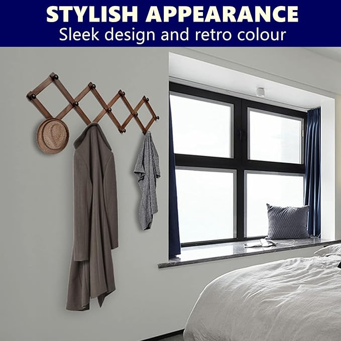 Amber Home Wood Accordion Wall Rack 13 Hooks (Pegs), Expandable Wall Mounted Hanger for Coat, Hat, Scarf, Coffee Mugs, X Shape Coat Hooks (Antique Retro Color)