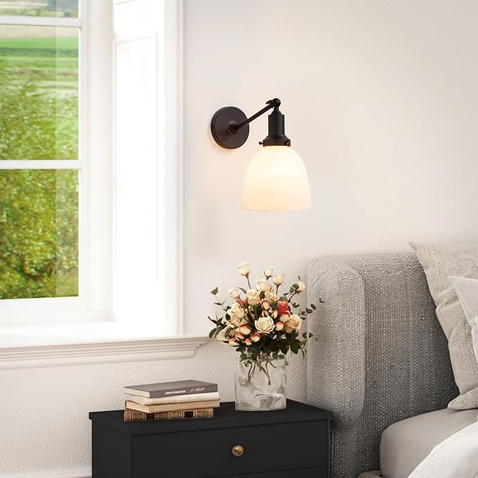 PERMO Industrial Sconces Vintage Slope Pole Wall Mount Single Sconce with 6.7" Oval Dome Milk White Glass Shade Wall Light Fixture for Livingroom Bedroom