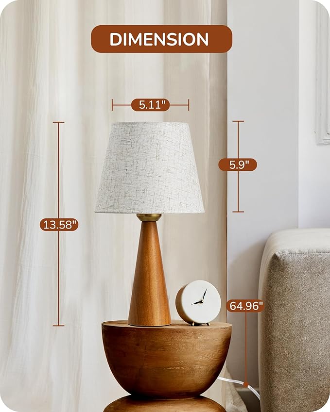 EDISHINE 13.58" Small Table Lamp, Wooden Bedside Lamp with Beige Linen Lampshade, Space-Saving Nightstand Lamp for Nursery Kids Room Bedroom Living Room, E26, ON-Off Button, Dark Rosewood Base
