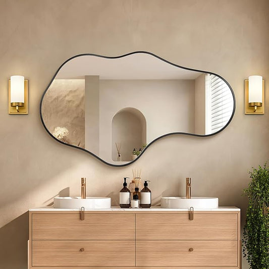 Irregular Wall Mirror, 22"x36" Black Abstract Asymmetrical Mirrors for Wall, Decorative Cloud Aesthetic Mirror for Bathroom, Bedroom, Cloakroom, Entryway, Shatter-Proof Aluminum Alloy Frame