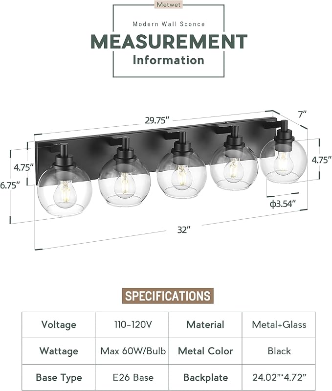 Bathroom Light Fixtures, 5 Light Matte Black Vanity Light, 32 Inch Modern Wall Sconces with Globe Clear Glass Shade, Vanity Lighting Fixtures Over Mirror, VL195-MB-CL-5