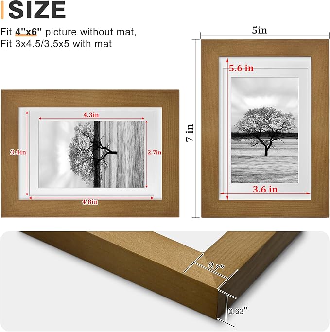 Egofine 4x6 Picture Frames Set of 4 - Made of Solid Wood for Table Top Display and Wall Mounting photo frame Light Brown