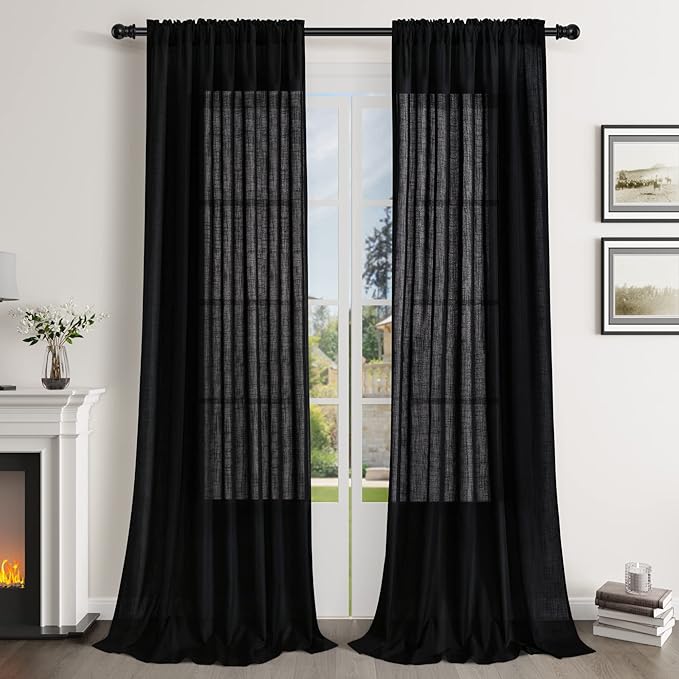 Guken Black Linen Curtains 120 Inch Length for Living Room Bedroom 2 Panels Set Rod Pocket Light Filtering Semi Sheer Window Curtains 52 Inch Width Boho Farmhouse Linen Drapes, W52xL120