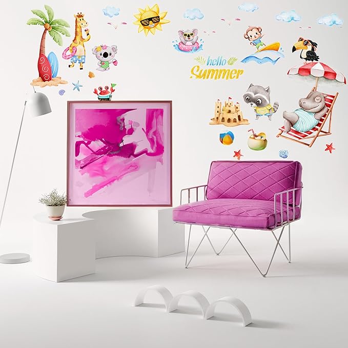 Cute Jungle Theme Wall Stickers Removable Animal Forest Wall Decals Elephant Monkey Lion Giraffe Zebra Peel and Stick Tropical Wall Art Decor for Nursery Bedroom Classroom (Colourful 2)